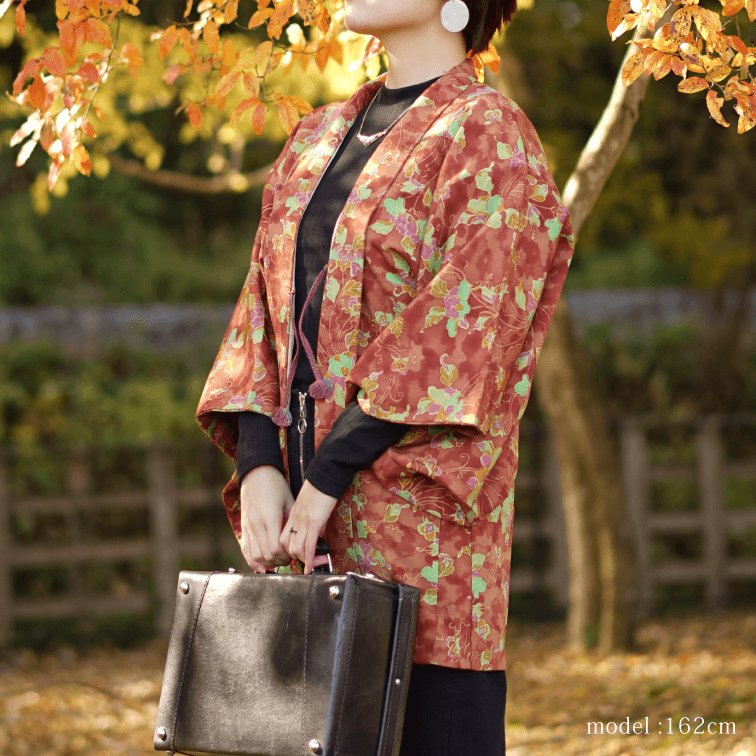 Orange autumn color flower design haori,Japanese vintage kimono,womens haori Kimetsu no yaiba