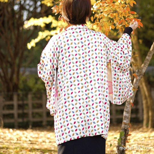 Colorful cute pattern on white haori - KUDEN by TAKAHIRO SATO