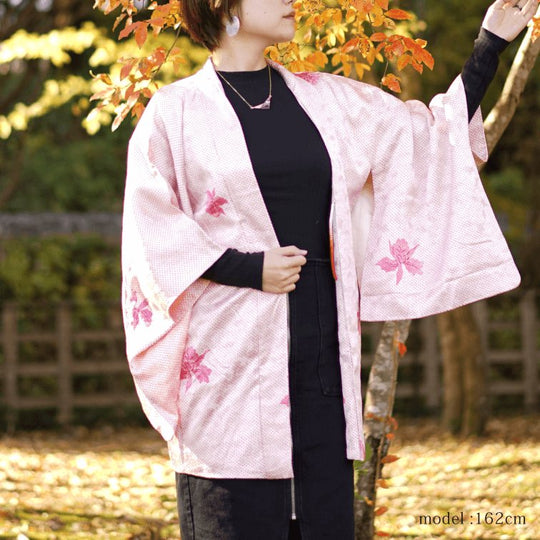 Pink dot with flowersplant haori,Japanese vintage kimono,womens haori Kimetsu no yaiba