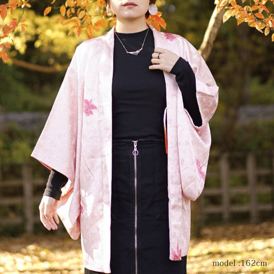 Pink dot with flowersplant haori,Japanese vintage kimono,womens haori Kimetsu no yaiba