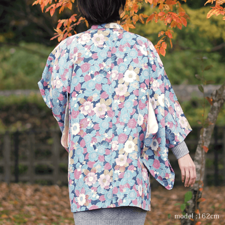 Cute colorful flower on blue haori,Japanese vintage kimono,womens, female