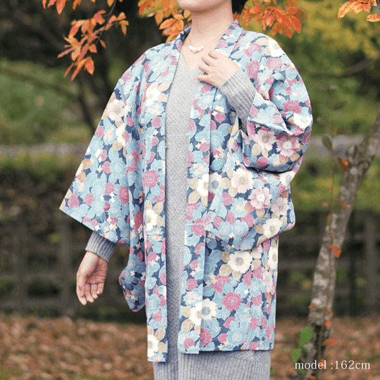 Cute colorful flower on blue haori,Japanese vintage kimono,womens, female