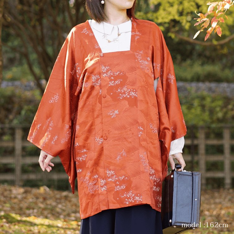 Orange flowerplant design michiyuki,Japanese vintage kimono,womens Kimetsu no yaiba