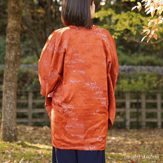 Orange flowerplant design michiyuki,Japanese vintage kimono,womens Kimetsu no yaiba