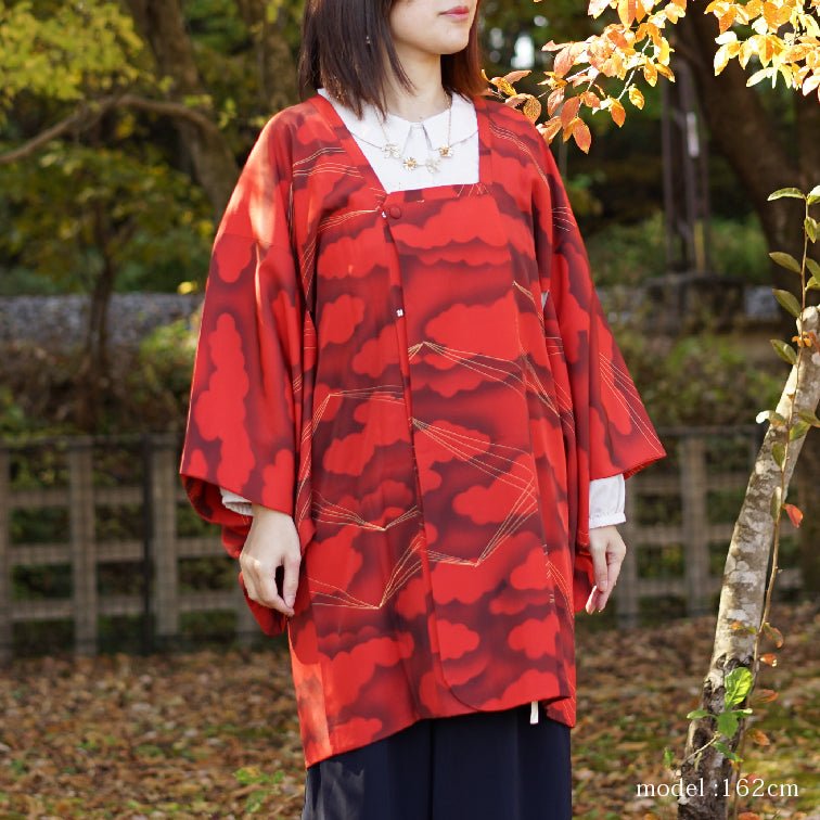 Red michiyuki with cloud and ray design,Japanese vintage kimono,womens kimetsu no yaiba samurai