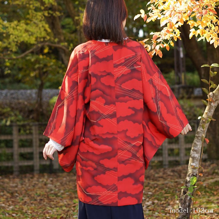 Red michiyuki with cloud and ray design,Japanese vintage kimono,womens kimetsu no yaiba samurai