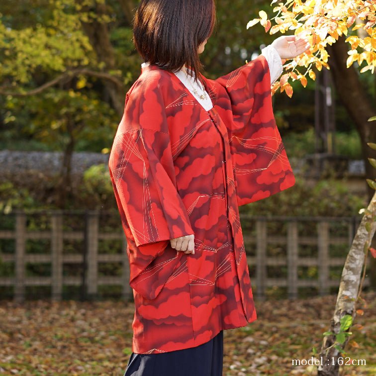 Red michiyuki with cloud and ray design,Japanese vintage kimono,womens kimetsu no yaiba samurai