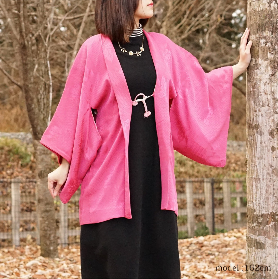Pink haori with embossed leaf design,Japanese vintage kimono,womens haori Kimetsu no yaiba