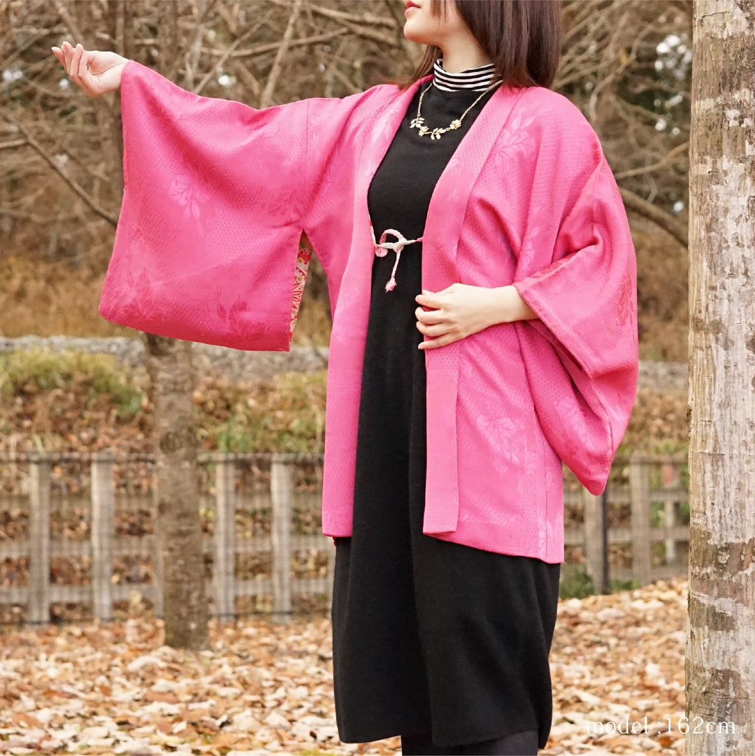 Pink haori with embossed leaf design,Japanese vintage kimono,womens haori Kimetsu no yaiba