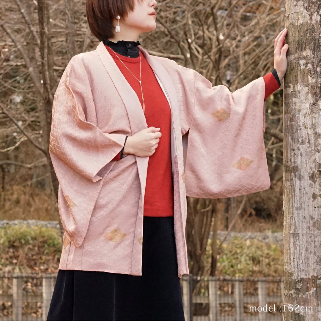 Pink haori with diamond design,Japanese vintage kimono,womens haori Kimetsu no yaiba