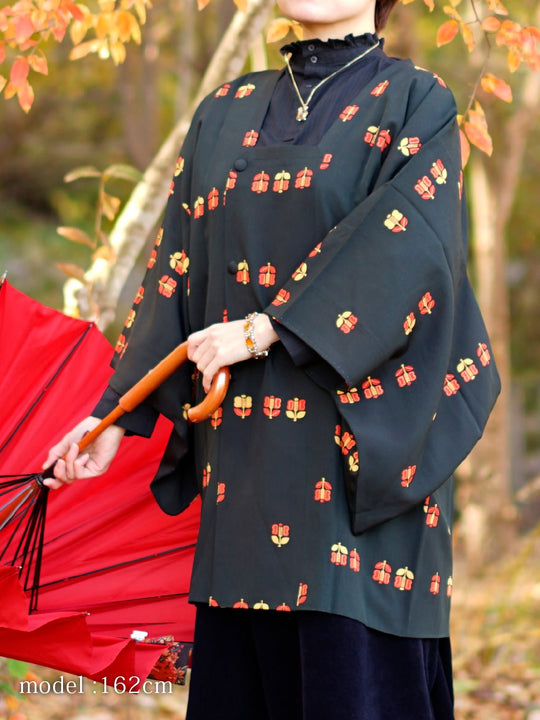 Black michiyuki with cute red and orange pattern - KUDEN by TAKAHIRO SATO
