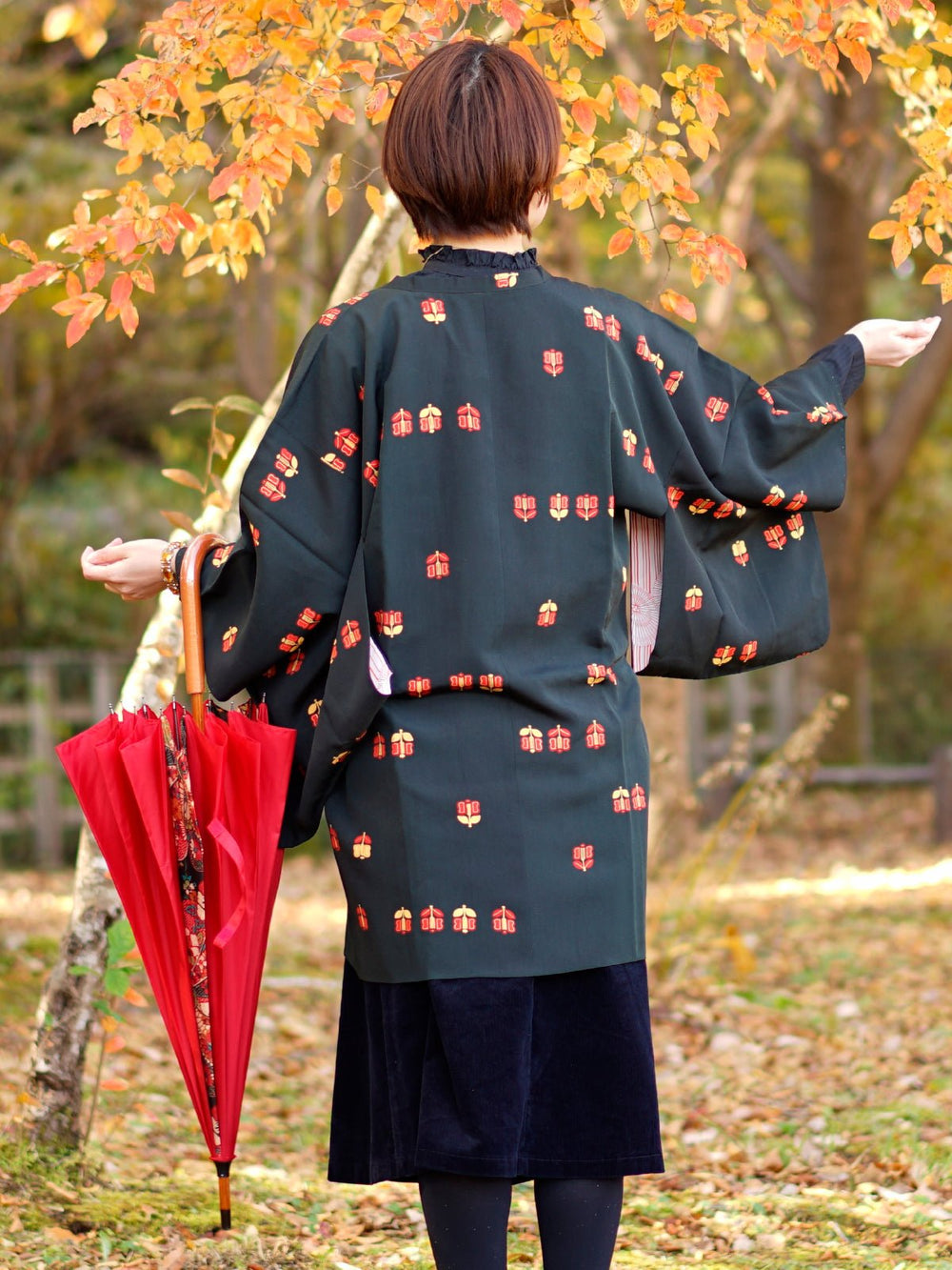 Black michiyuki with cute red and orange pattern - KUDEN by TAKAHIRO SATO