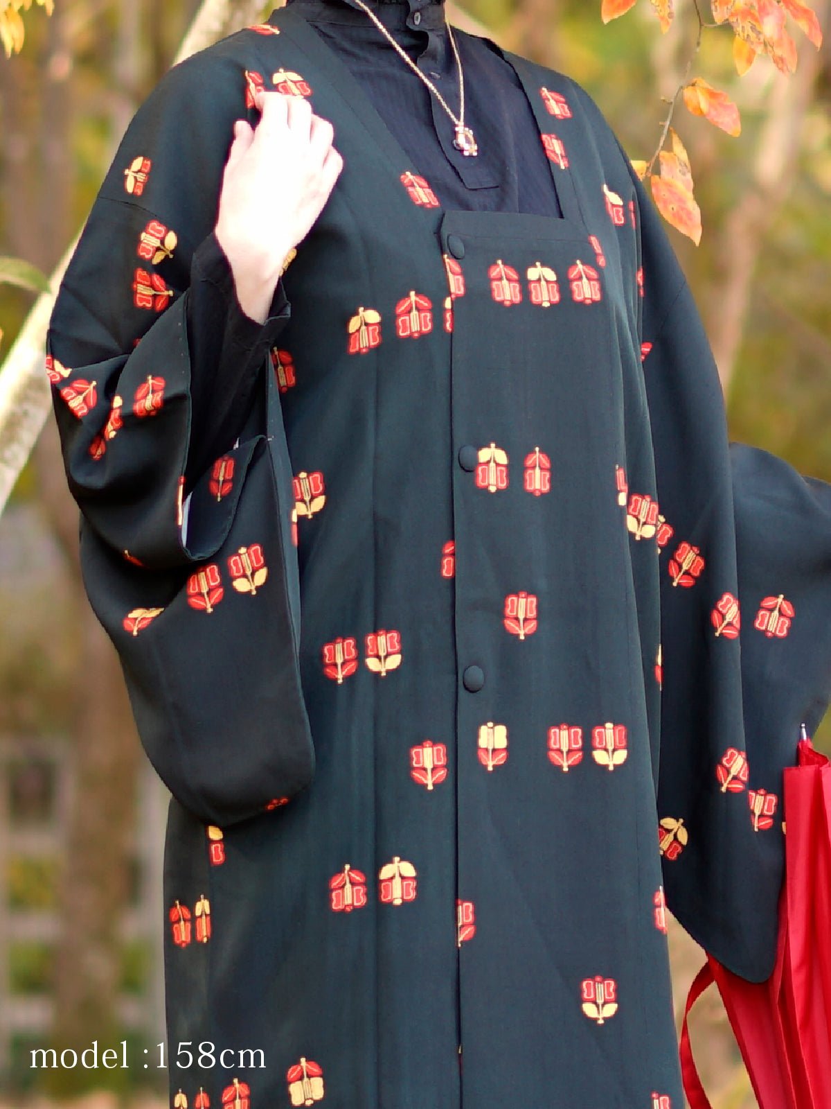 Black michiyuki with cute red and orange pattern - KUDEN by TAKAHIRO SATO