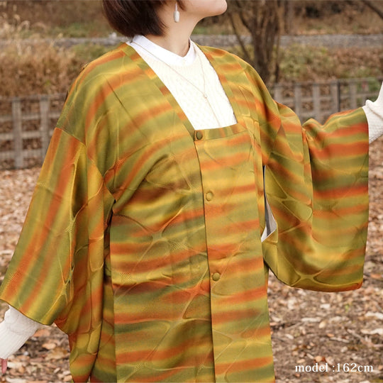 Yellow and green michiyuki with orange stripe,Japanese vintage kimono,womens haori kimetsu no yaiba samurai