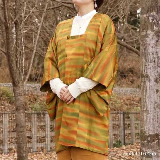 Yellow and green michiyuki with orange stripe,Japanese vintage kimono,womens haori kimetsu no yaiba samurai