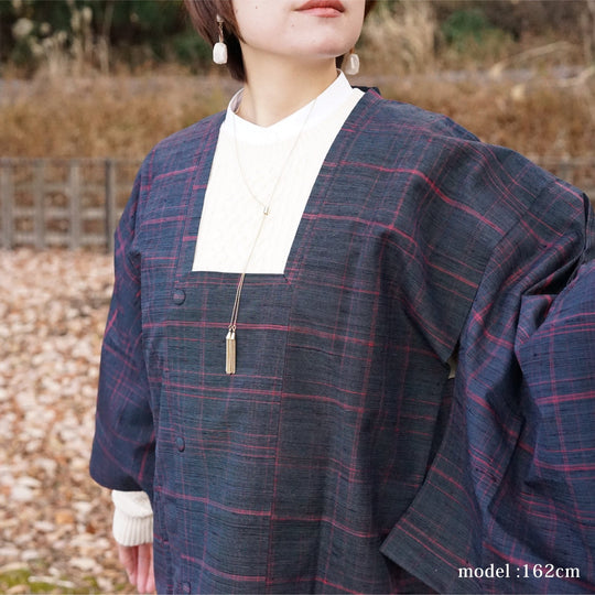 Navy michiyuki with modern red line design,Japanese vintage kimono,womens Kimetsu no yaiba