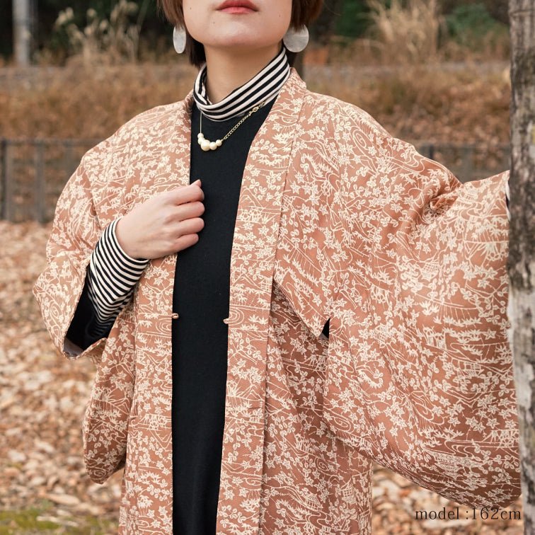 Light brown haori with white flowerplants pattern,Japanese kimono,womens haori Kimetsu no yaiba