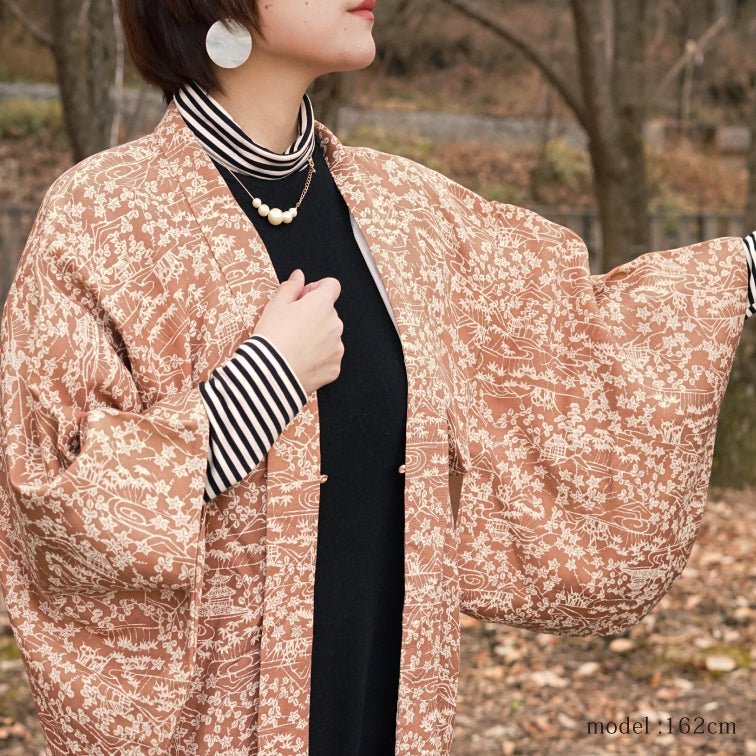 Light brown haori with white flowerplants pattern,Japanese kimono,womens haori Kimetsu no yaiba