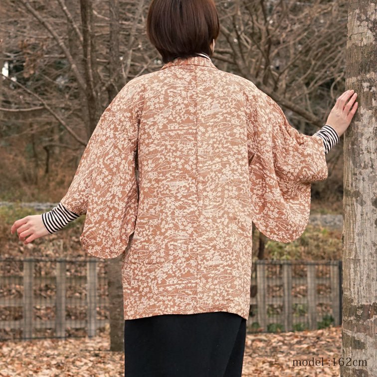 Light brown haori with white flowerplants pattern,Japanese kimono,womens haori Kimetsu no yaiba