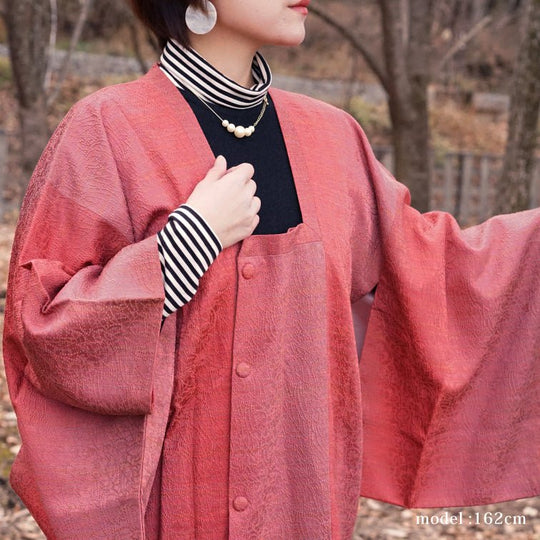 Orange pink michiyuki,Japanese vintage kimono,womens Kimetsu no yaiba